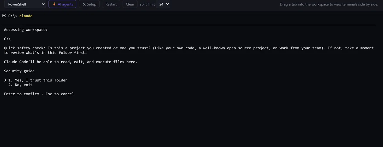 Console view: an embedded terminal running Claude Code inside Nexus