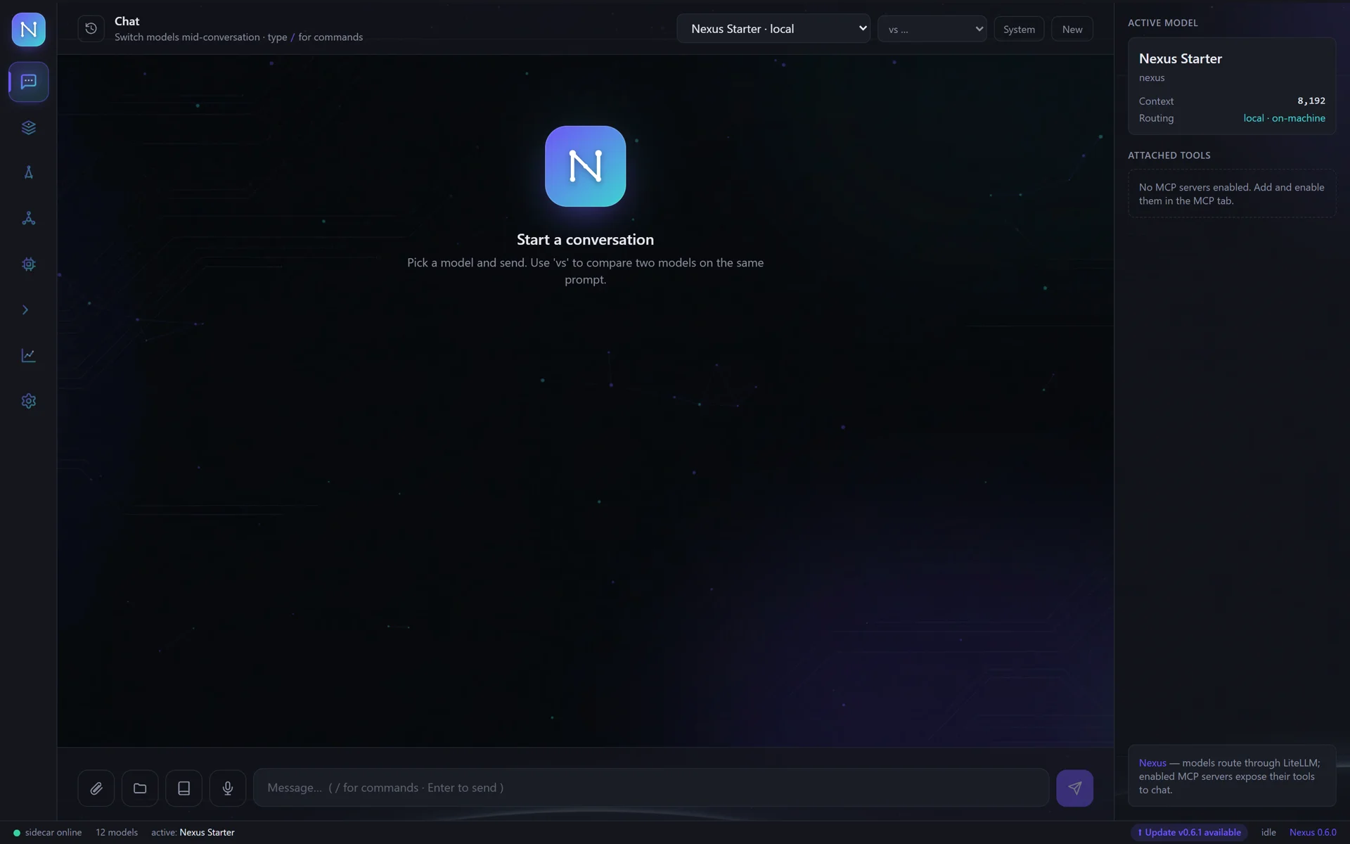 The Nexus deck: a dark cockpit chat window with model picker, composer and live inspector panel