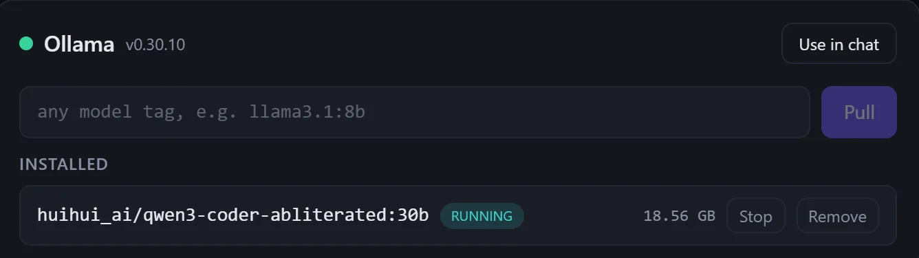 Local hosting: Ollama runtime with a 30B model running